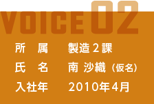 所属:製造2課 氏名:南　沙織（仮名） 入社年:2010年4月